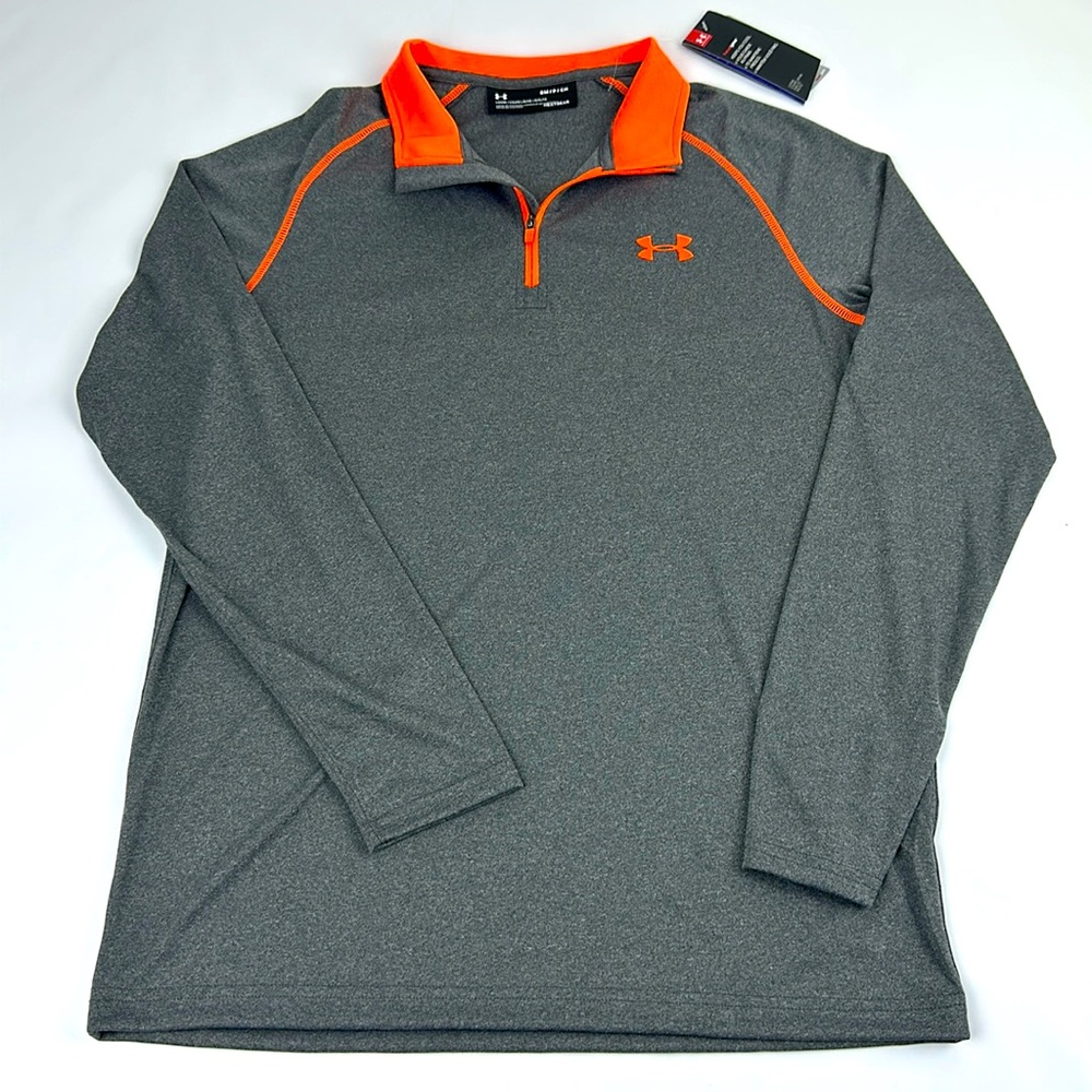 Under Armour 1/4 zip Men’s Small Heatgear Loose Fit Shirt. Charcoal Gray/Orange.